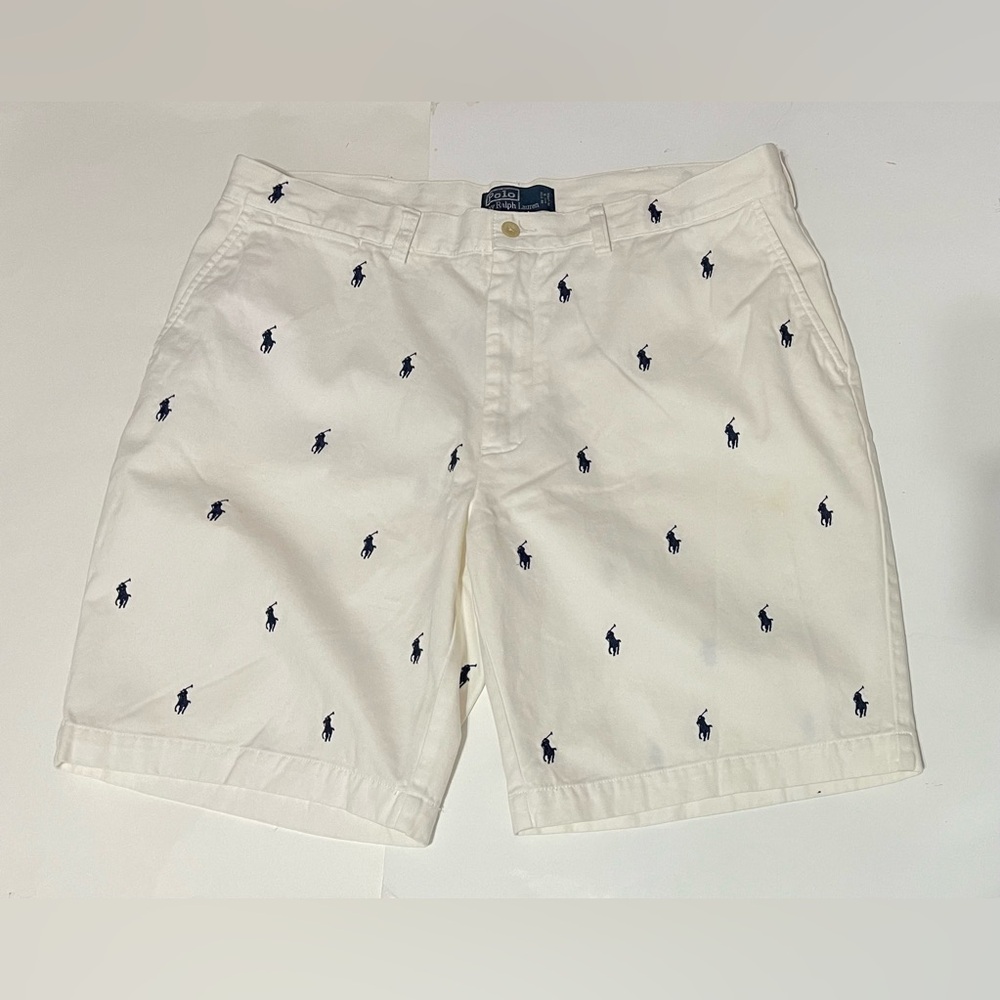 Polo Ralph Lauren Shorts Embroidered Blue Horse In White  SZ US 38